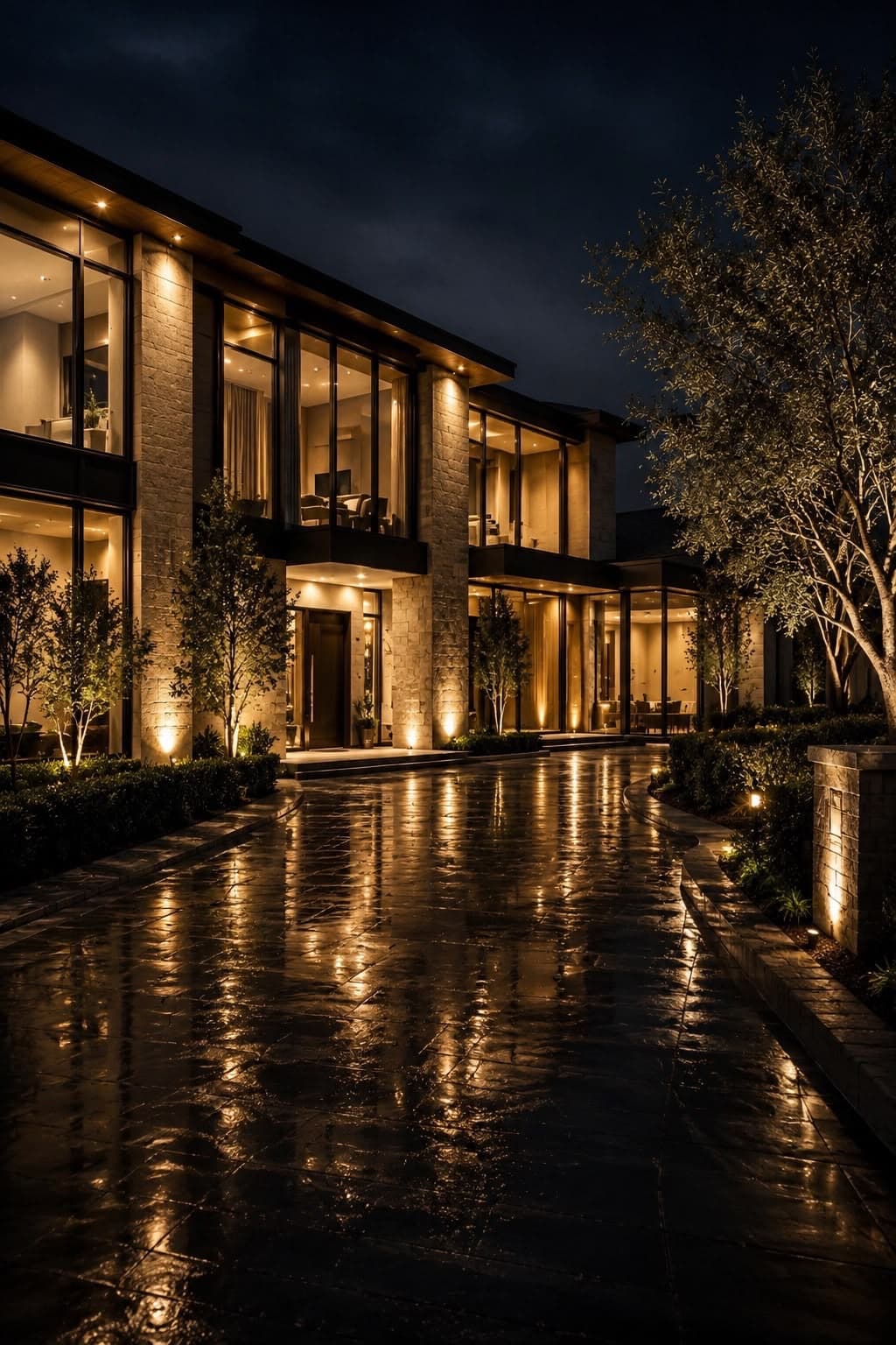 Modern home exterior at night